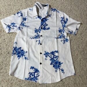 NWT Atlani JOLIPLACARD Mens S Floral Button Down Shirt Short Sleeve White Blue